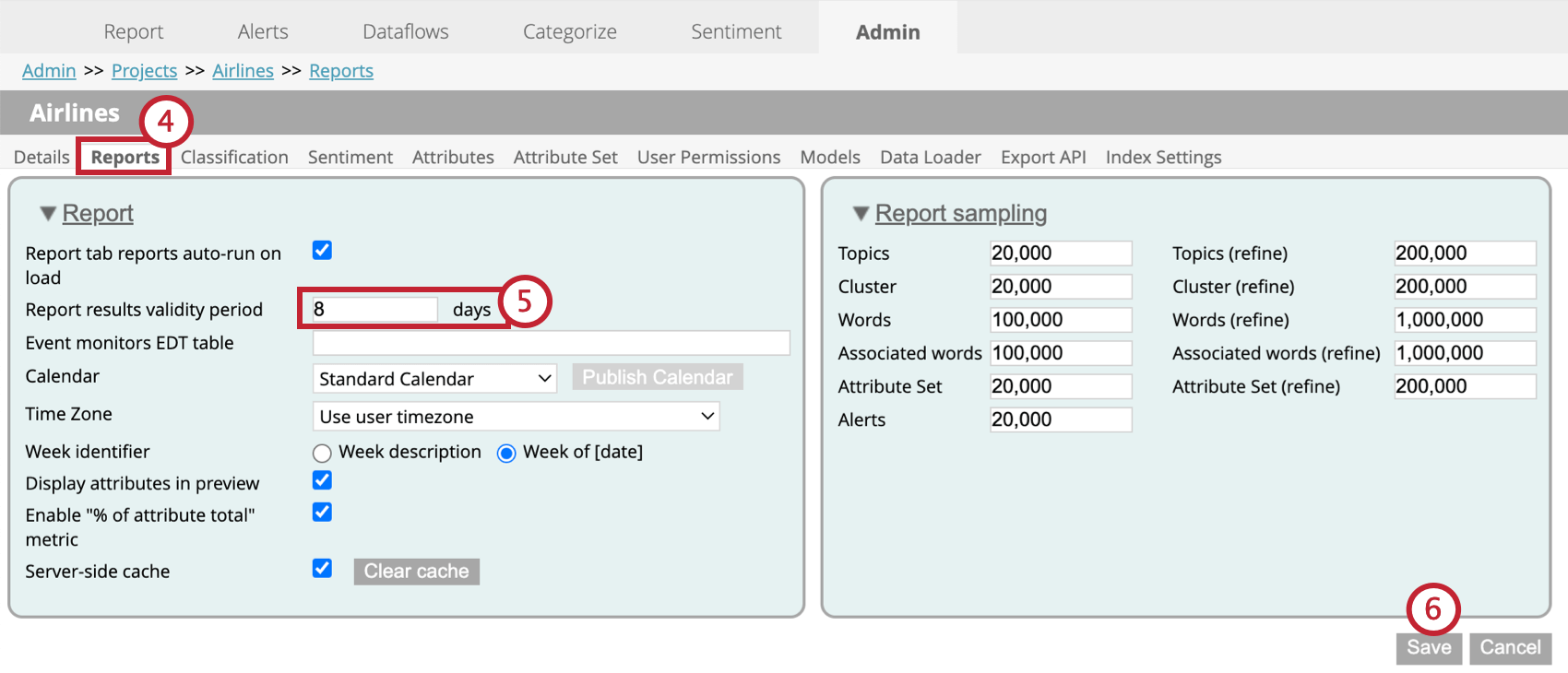 configuration of the reports tab in the admin tab