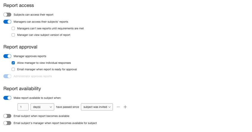 a seção de opções de relatórios em um projeto 360