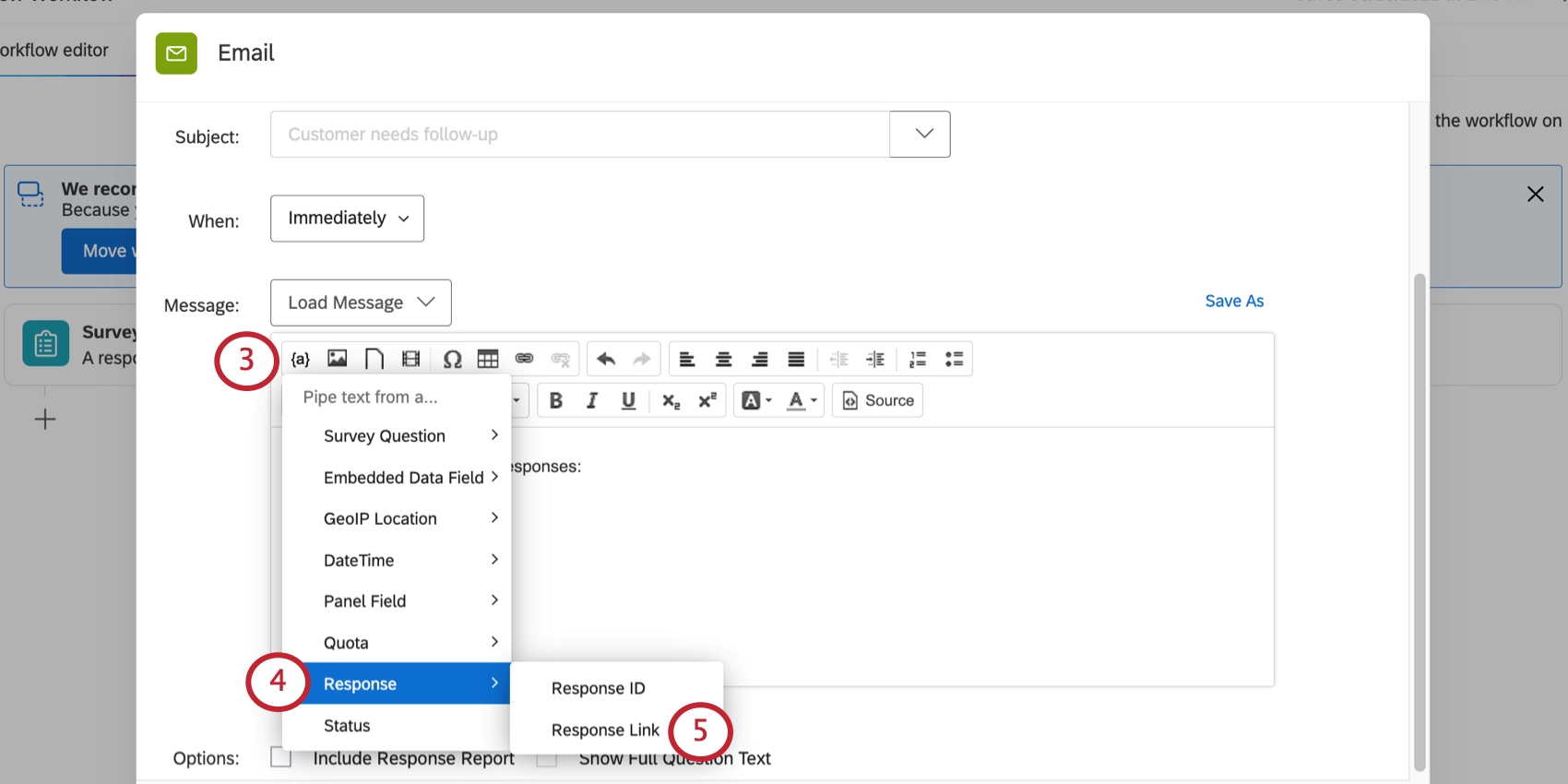 Il menu del testo trasferito si apre per mostrare lopzione del link di risposta