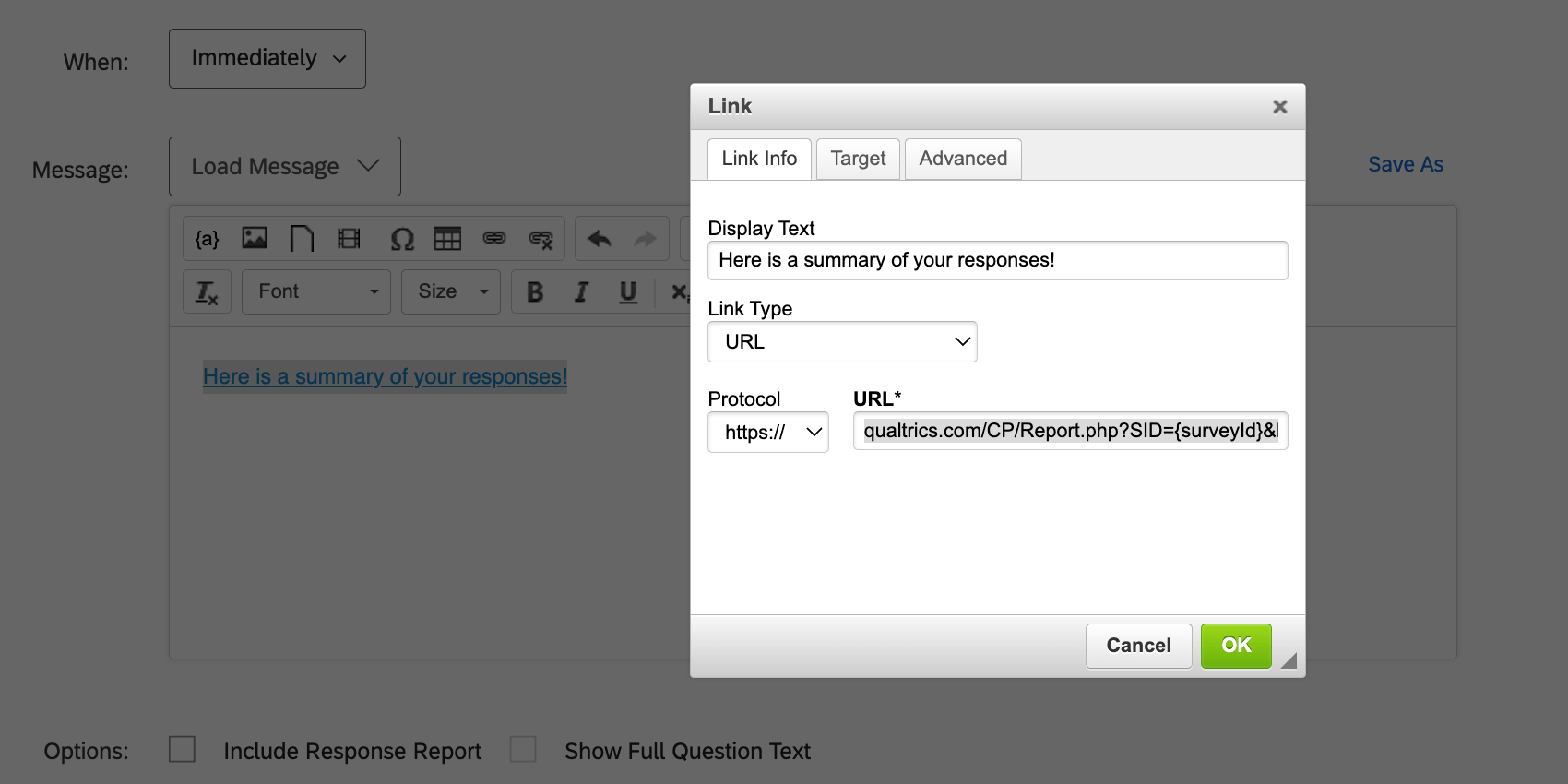 New window opens over the email task editor that shows where the hyperlink is saved