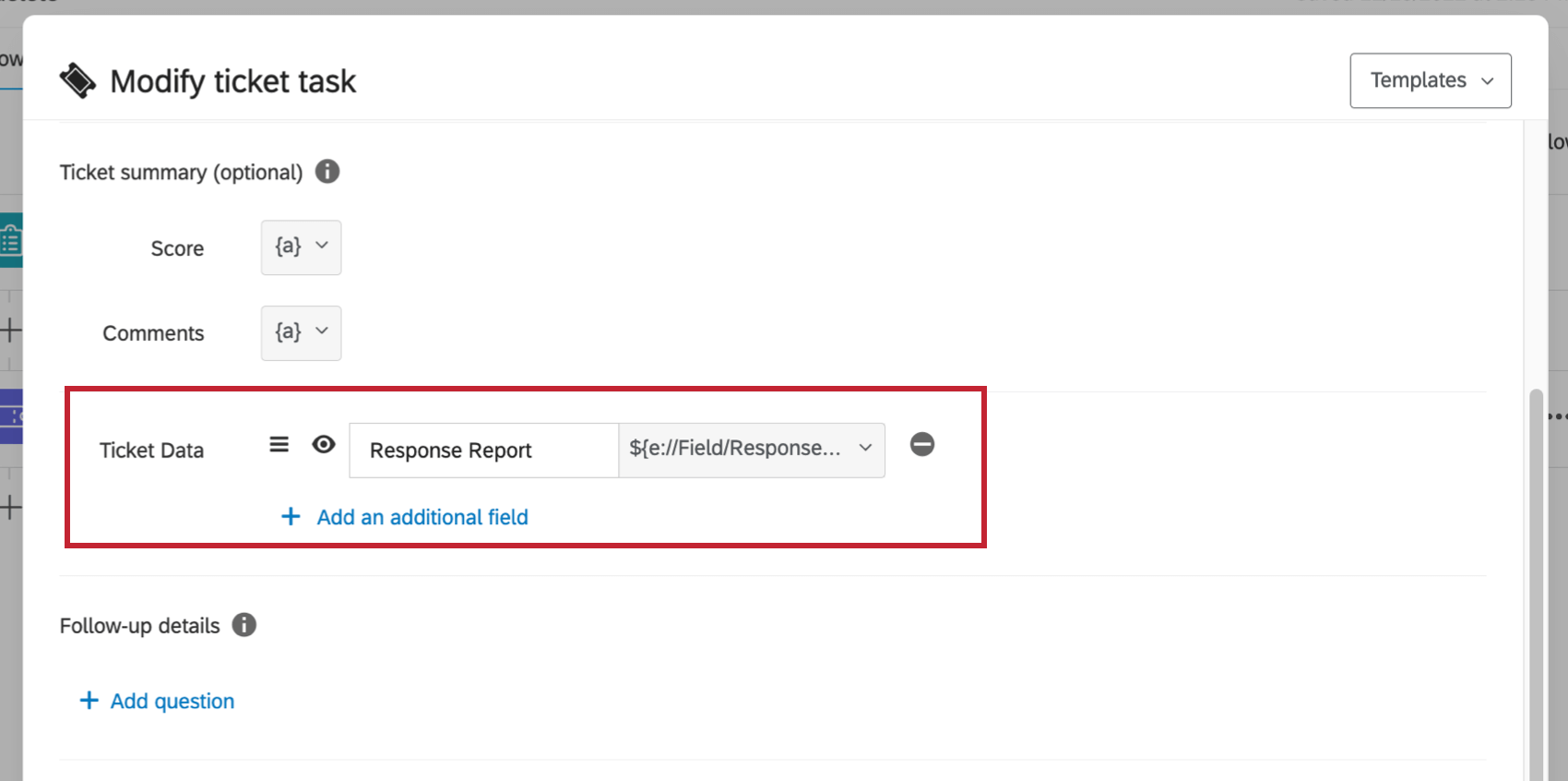 Image dune tâche de ticket, montrant les données du ticket