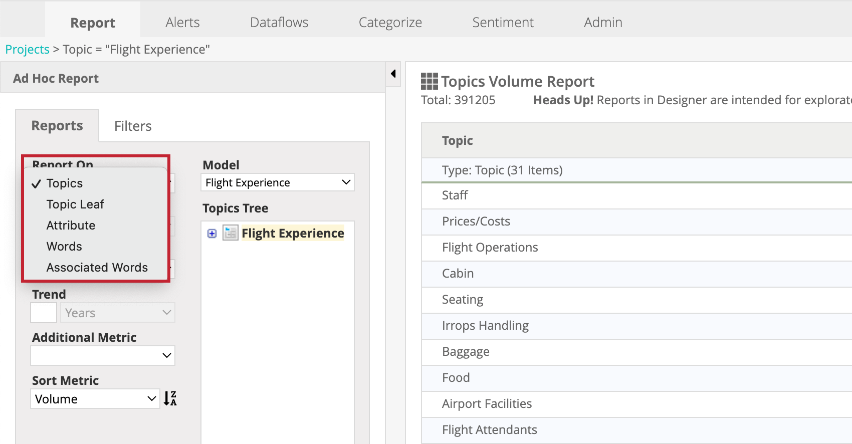 report type dropdown
