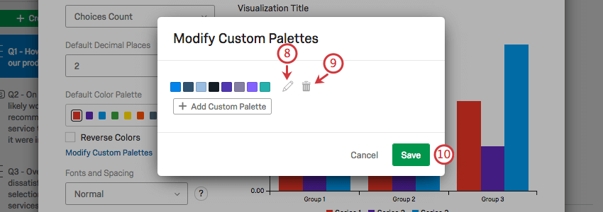 Botones de edición y eliminación siguiente a la nueva paleta de colores