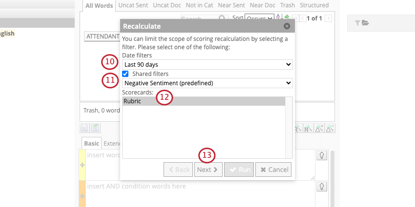 New window where you set recalculate filters