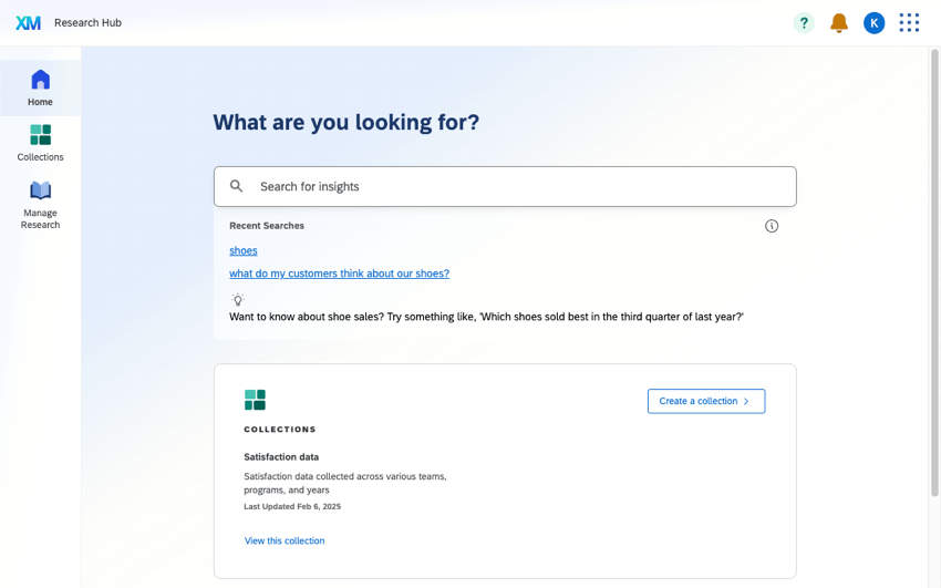 homepage of the research hub, with search and collections quick link