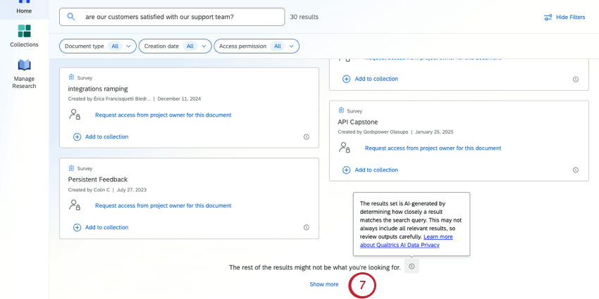 Bottom of search results is the relevancy warning and a show more button you can click to load more, less relevant results