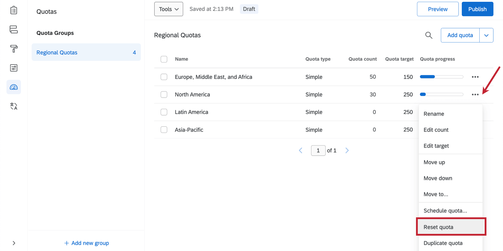 In der Dropdown-Liste weiter einer Quote wird Quote zurücksetzen angezeigt Quote