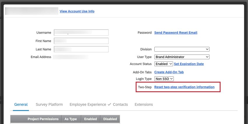 viewing a user and resetting their 2 factor authentication