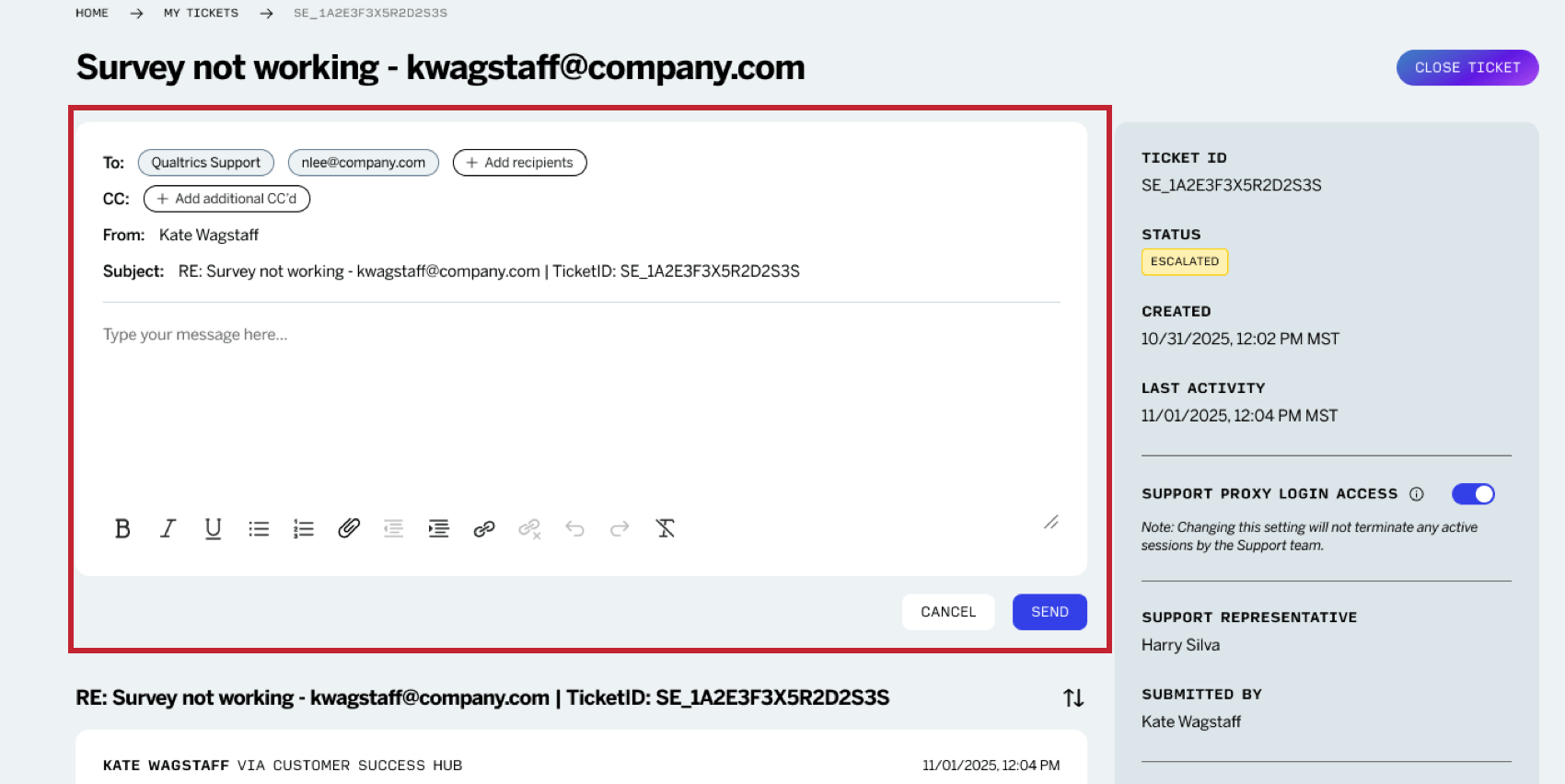 leditor di e-mail per rispondere ad un ticket di assistenza aperto