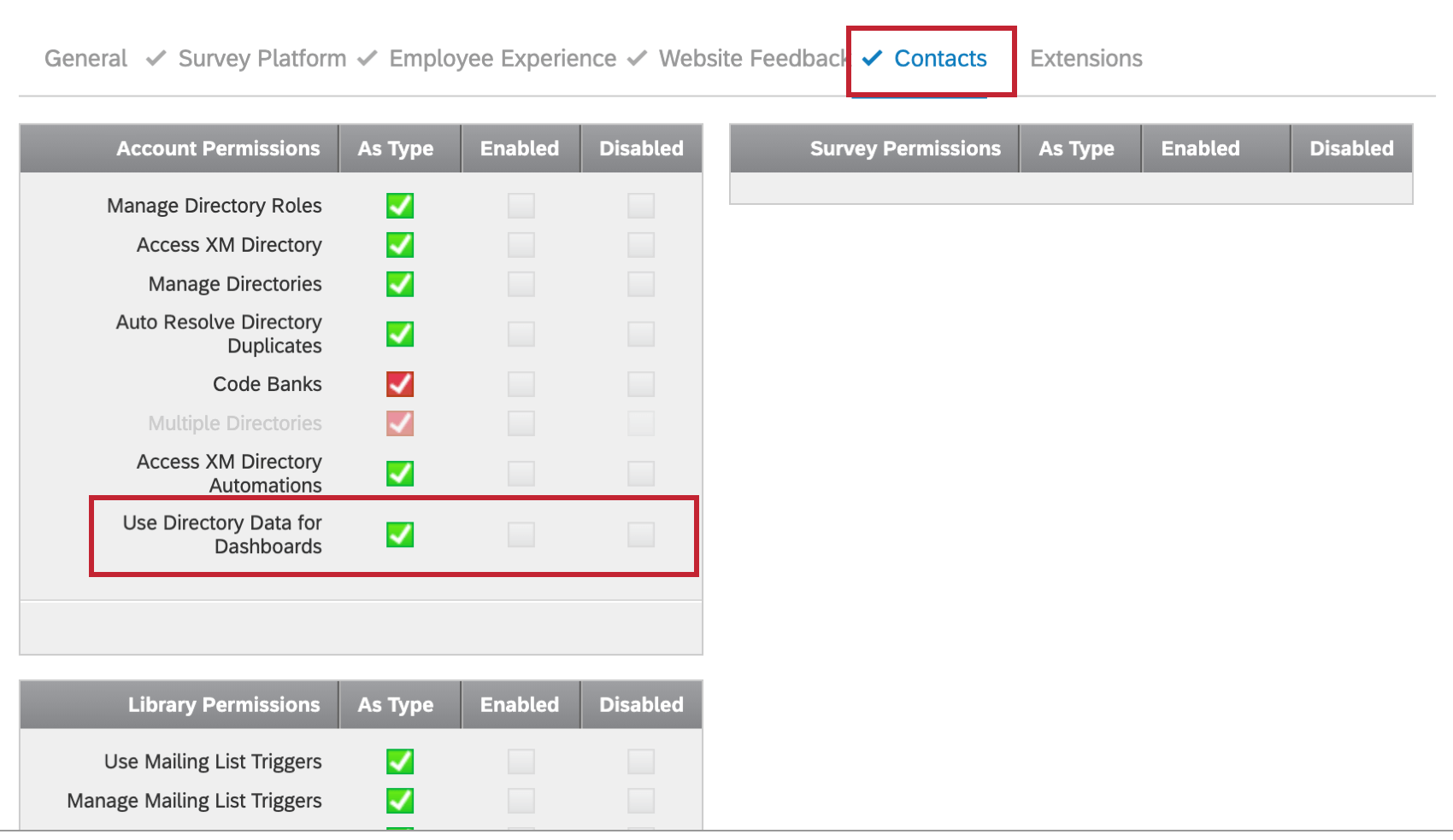 Seção Contatos das permissões de usuário. Use Respondent Funnel é o último na lista Conta Permissions (Permissões da conta )