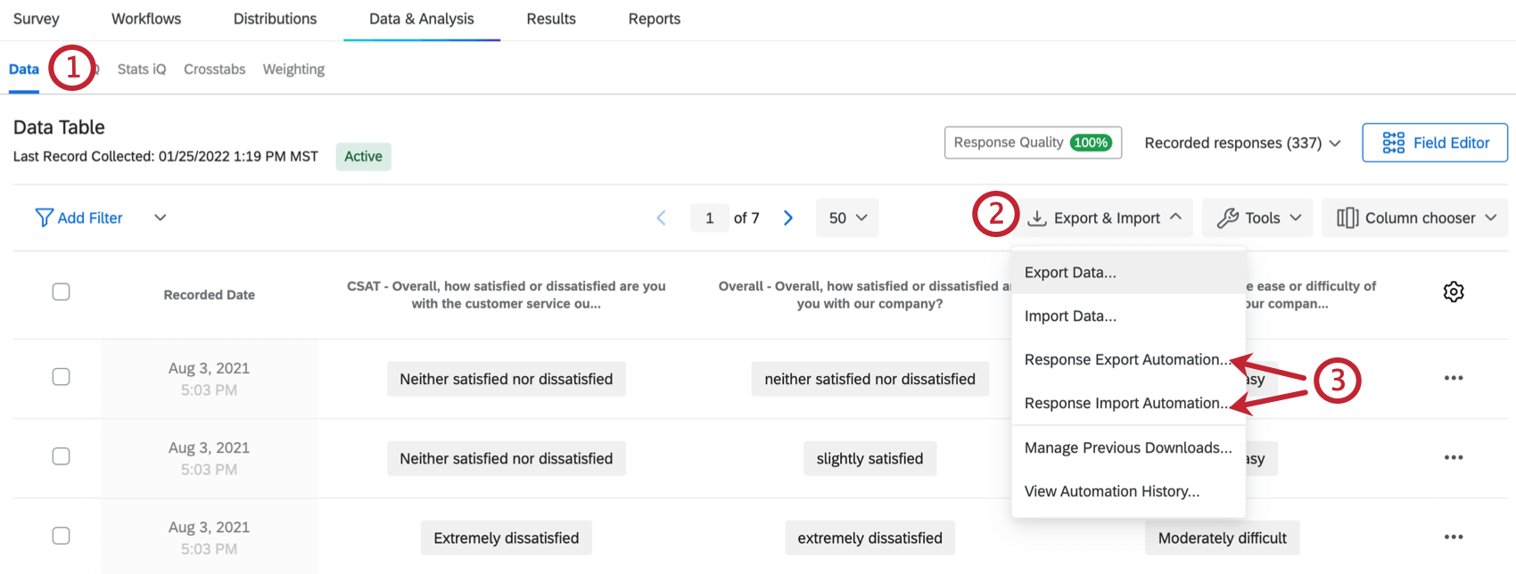 the data & analysis tab. the import & export button has been selected to then choose an automation