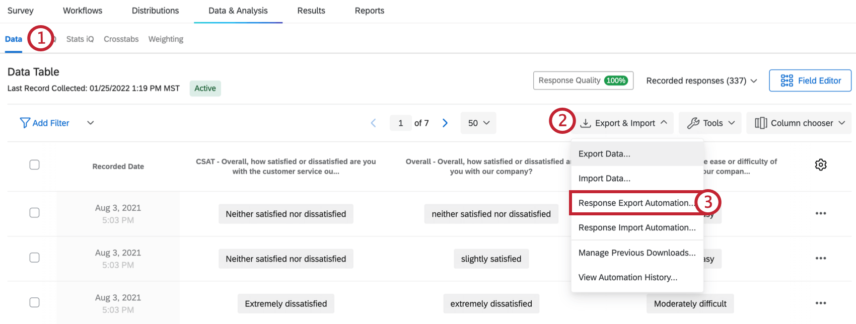 loption dautomatisation de lexportation des réponses dans le menu export &amp ; import dans Données et analyse