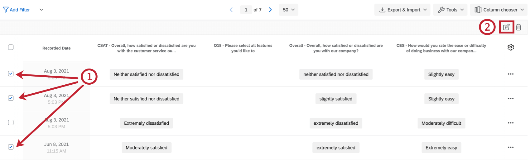 Multiple response checkboxes selected before clicking the Edit button