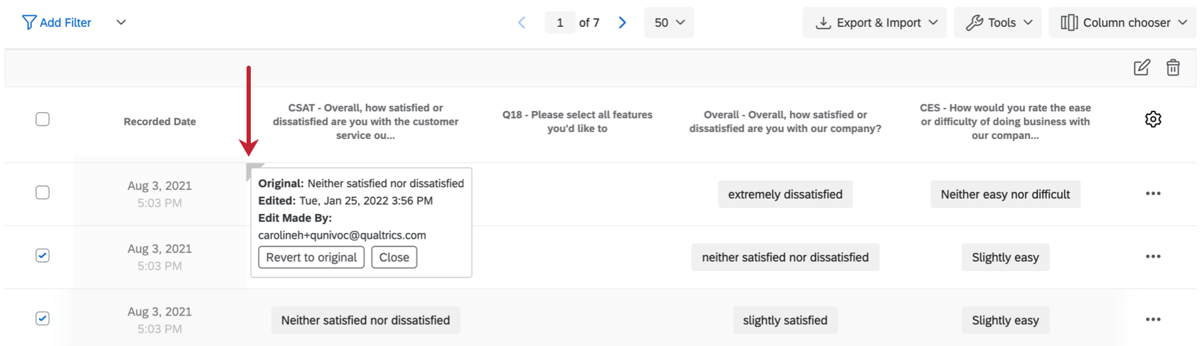 Piccolo triangolo grigio nellangolo in alto a sinistra della singola risposta, con lopzione Ripristina loriginale
