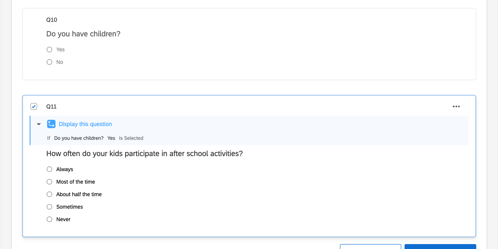 Question asking if someone has kids, followed by another questions about the children that has a blue display logic bar at the top