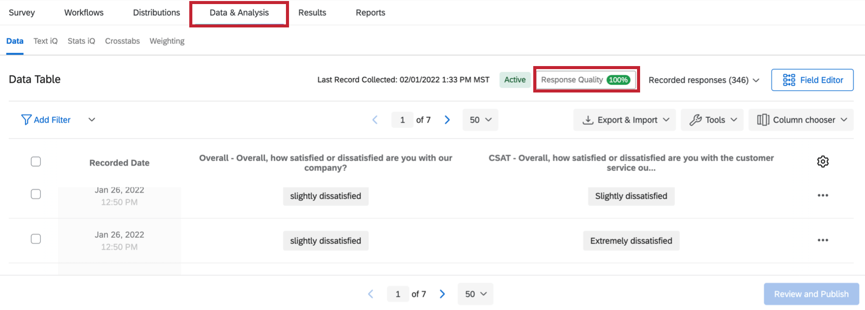 Data and analysis tab along top highlighted. A few rows lower to right, response quality button with highlighted percentage