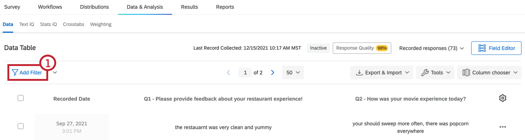 add filter button within data and analysis