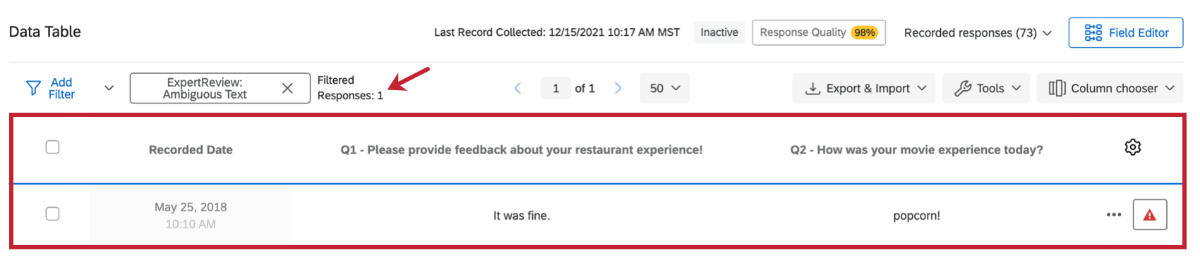 Filtered responses. Shows number of filtered responses up top