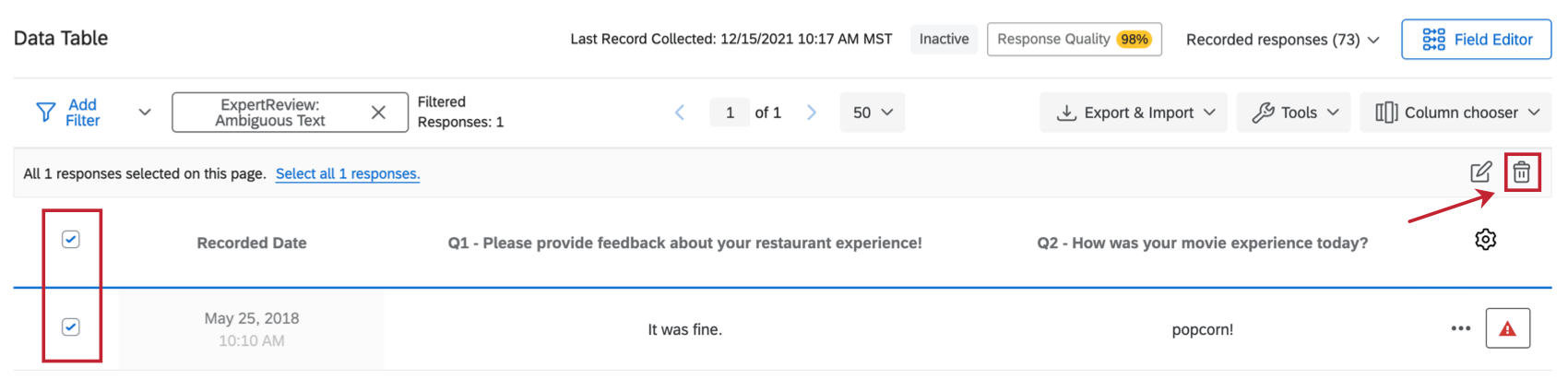 Along left are selection boxes and trash icon is highlighted