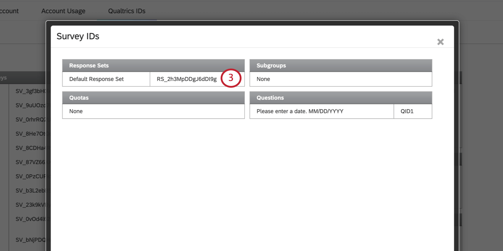 Survey IDs window opens, contains a table for response set IDs
