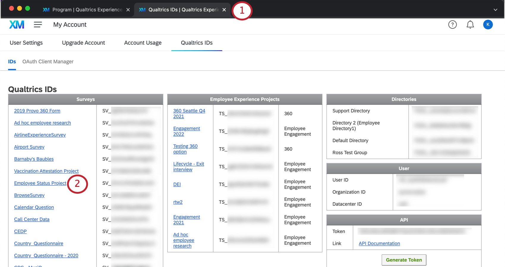 Immagine della scheda ID di Qualtrics con evidenziato il testo collegato al nome di un sondaggio