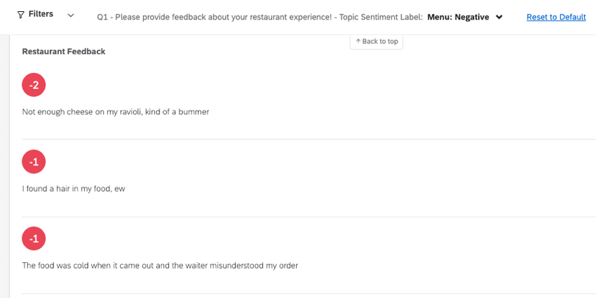 filtering for a topic sentiment label and viewing the response ticker widget