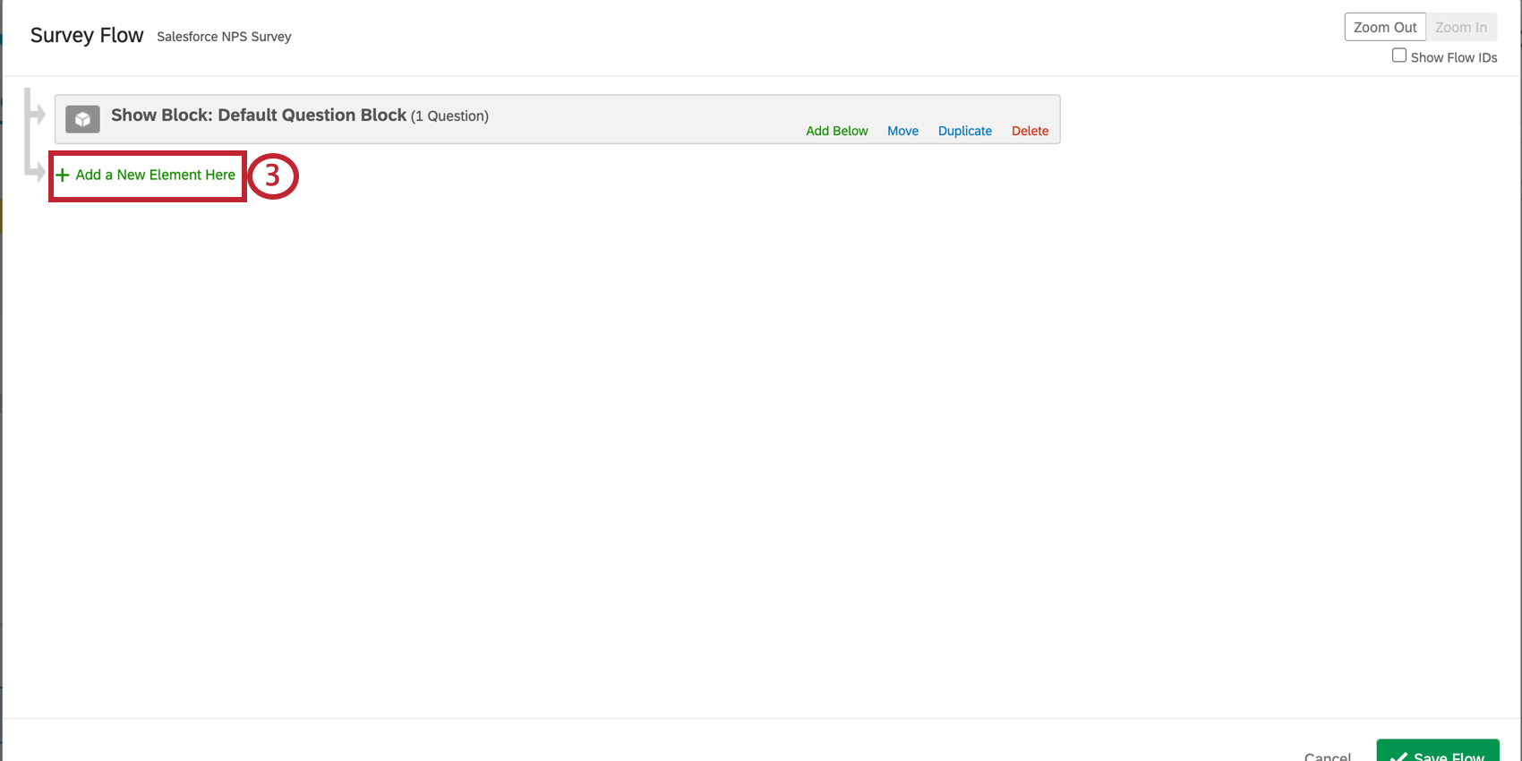 the add a new element here button in the survey flow