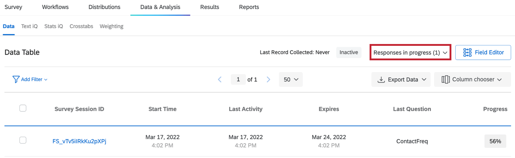 image of the data tab. Responses in progress on the top right is highlighted for accessing responses in progress