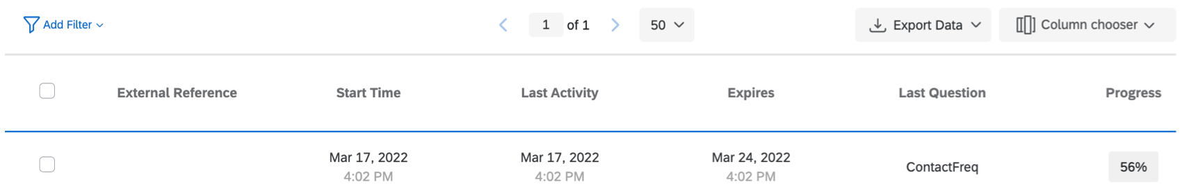Columnas adicionales de la página Respuestas en progreso con una respuesta mostrada