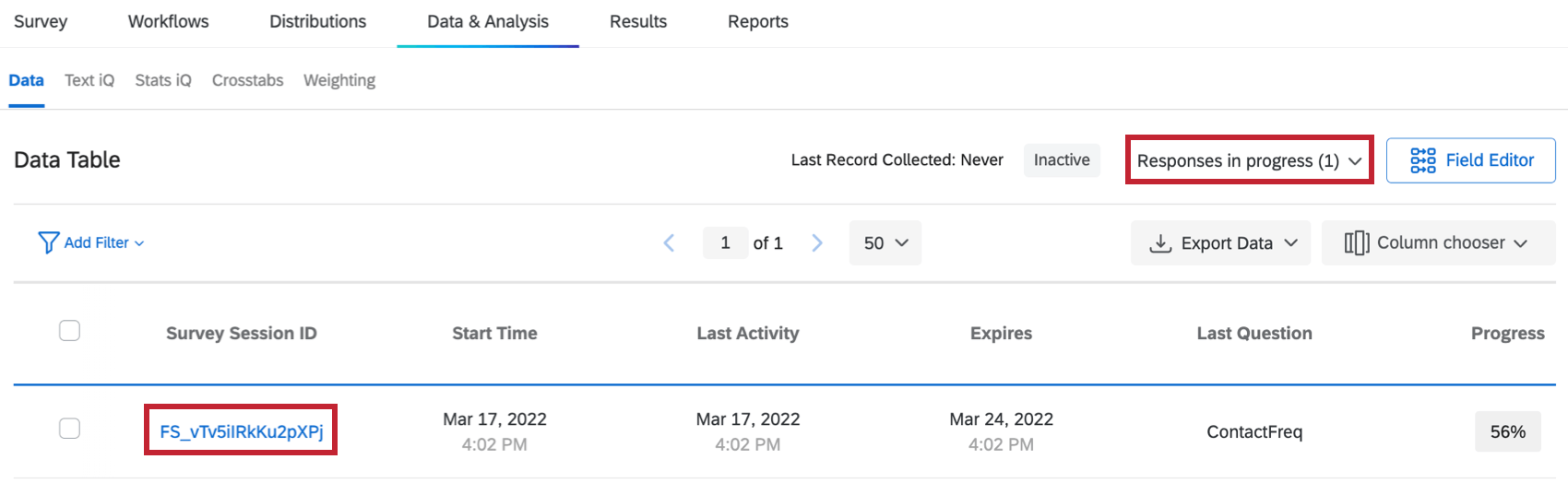 ID da sessão Pesquisa localizada na coluna mais à esquerda de Respostas em andamento