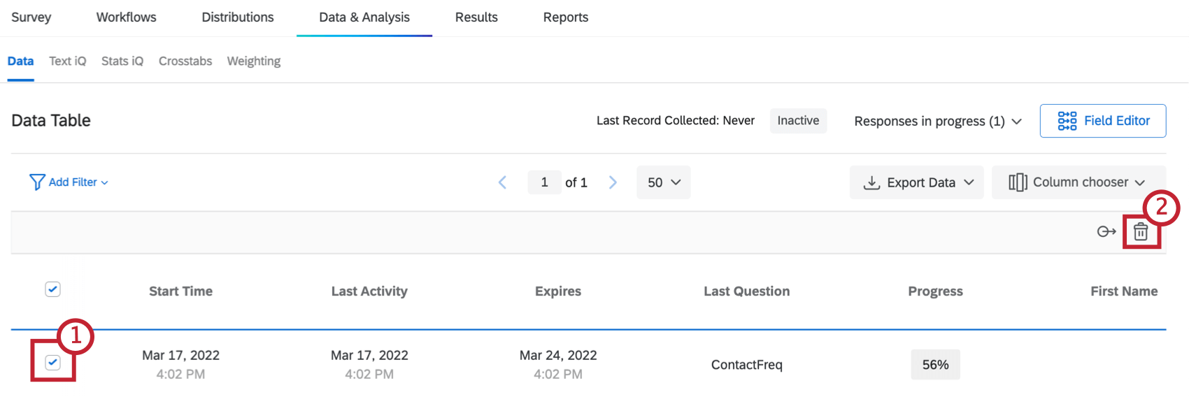 Response checkbox selected