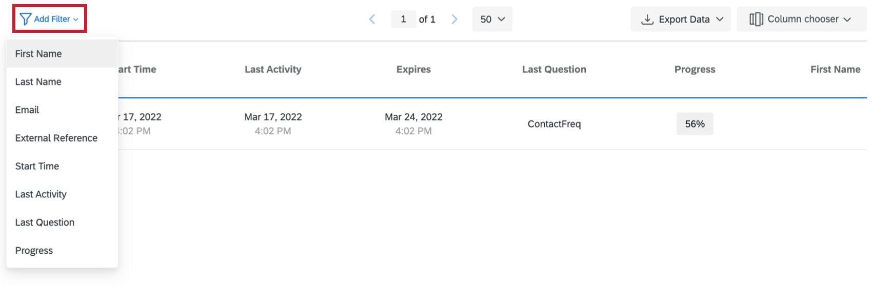 Add Filter option in top-left corner of Response in Progress page