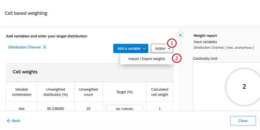 le menu déroulant de laction pour une pondération imbriquée. Importation / exportation de pondérations est sélectionné