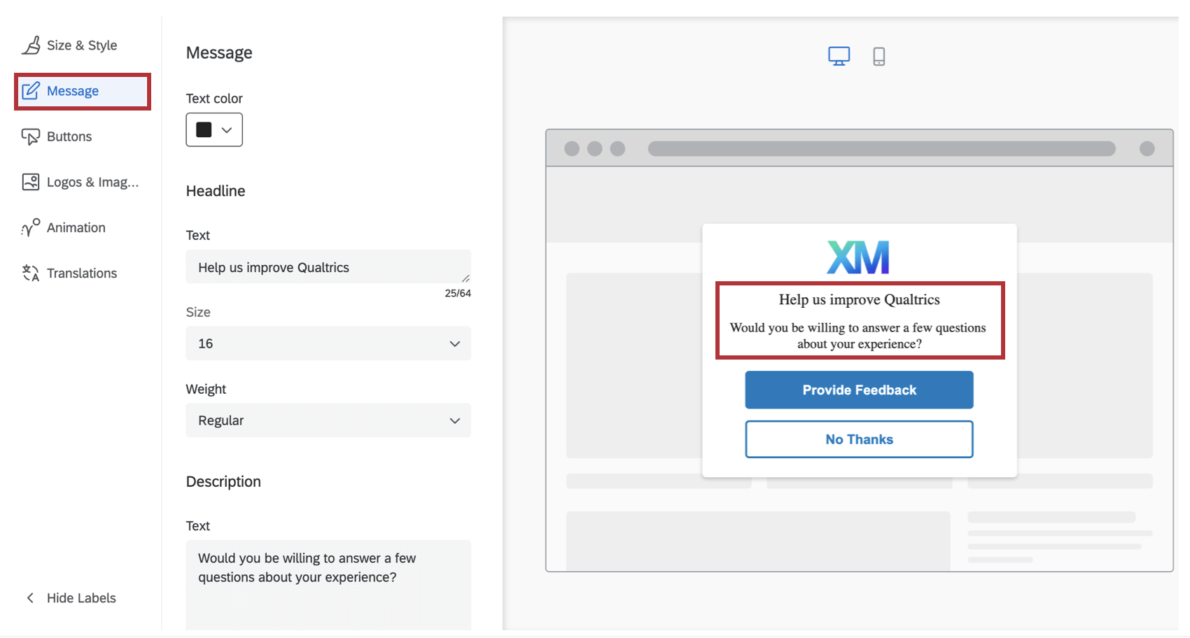 Message tab in the responsive dialog creative