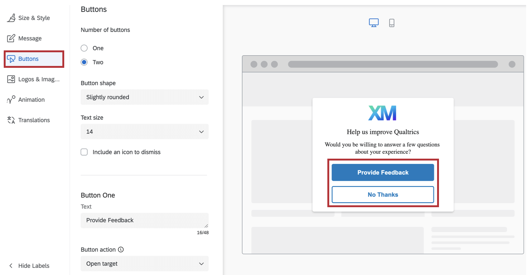 Buttons tab in the responsive dialog creative editor