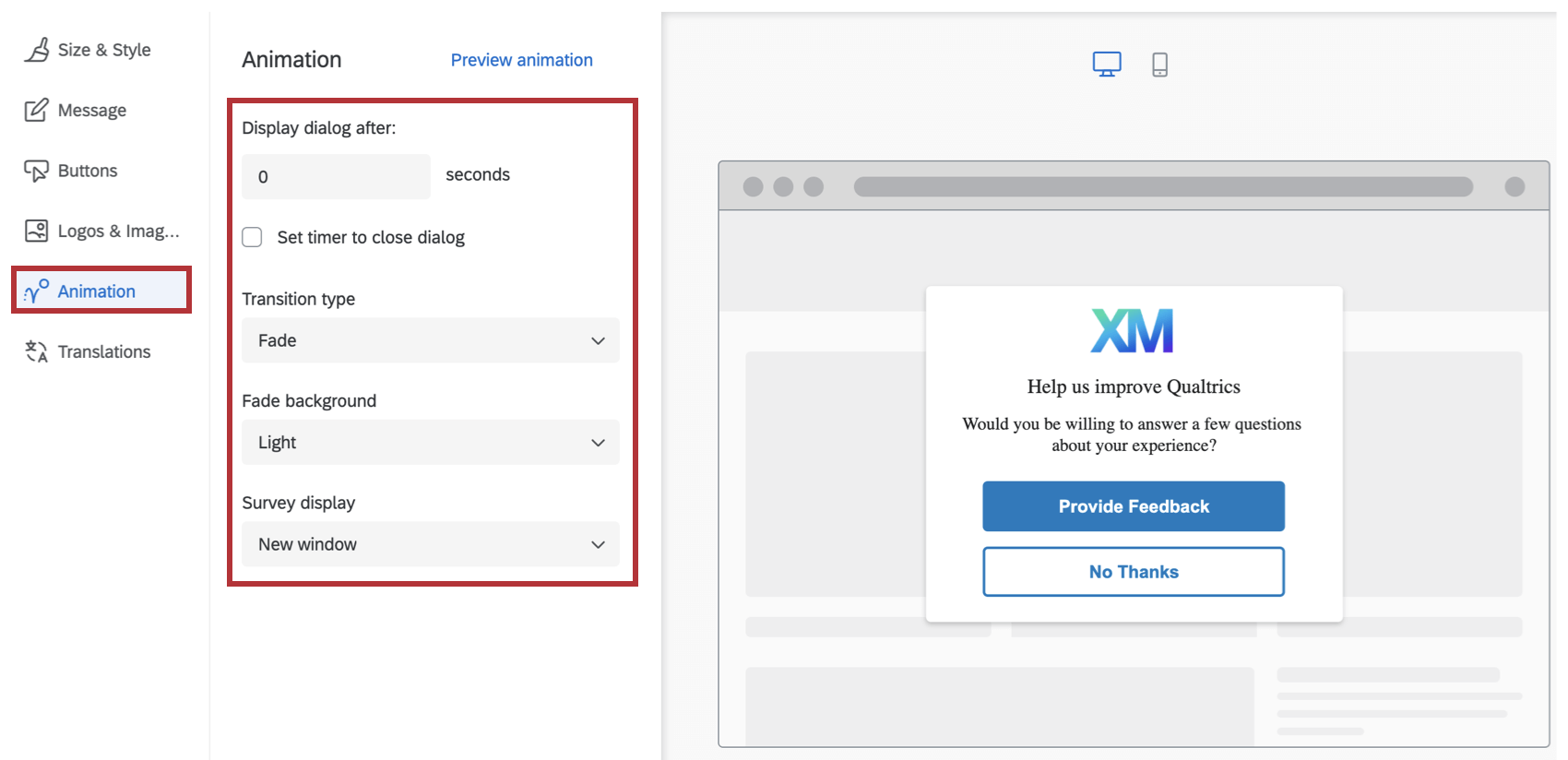 Scheda Animazione nelleditor di dialogo reattivo