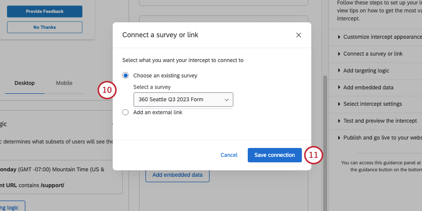 new window where you select between an existing survey and an external link