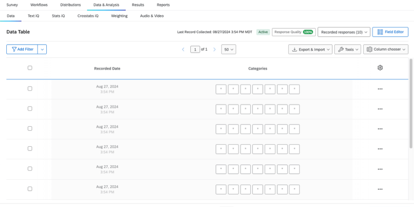 En datos y análisis, un campo aparece lleno de asteriscos sin información.