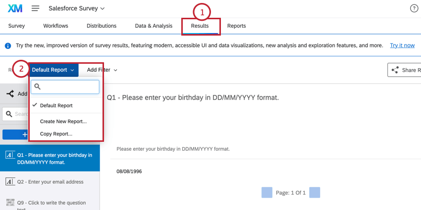 naviguer vers les résultats et choisir un rapport