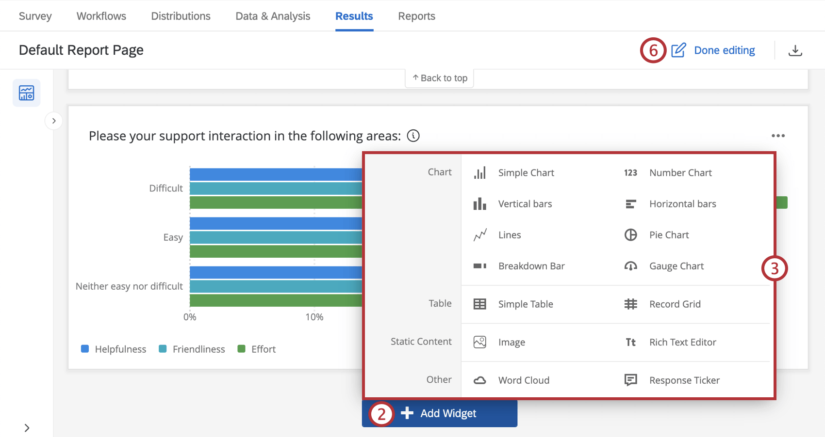 Menú de selección de widget en una página de tablero de resultados