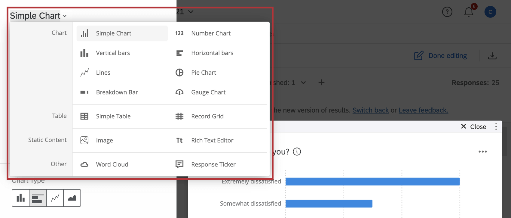 Tipos de widget disponibles dentro de un Tablero de resultados