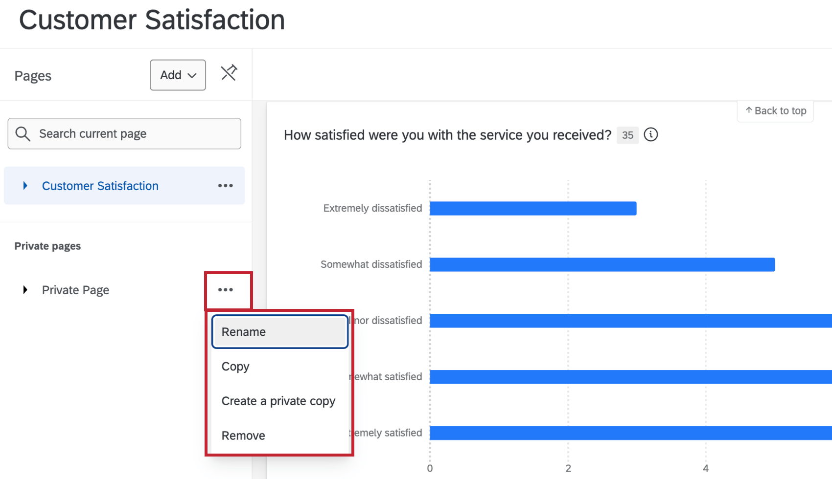 seitenoptionen innerhalb einer ergebnisse dashboard