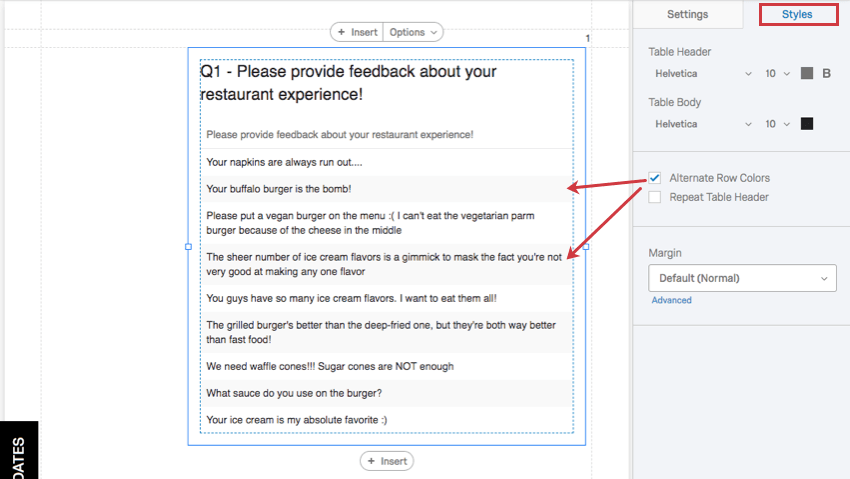Styles tab. Arrow shows what the alternating row permission affects on the table