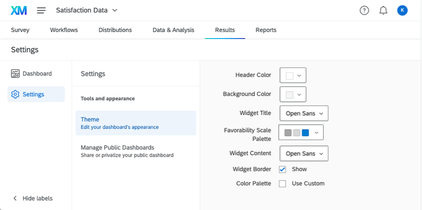 Theme page in a results dashboard