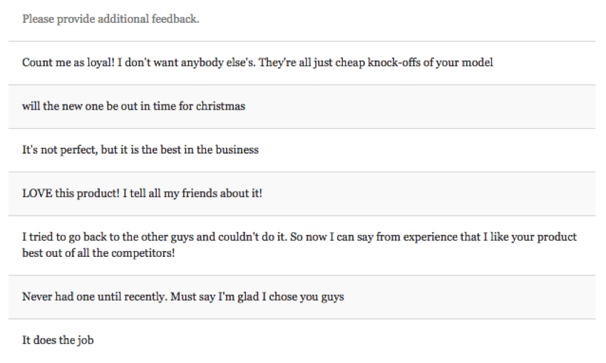 results table, where every row is feedback from a respondent