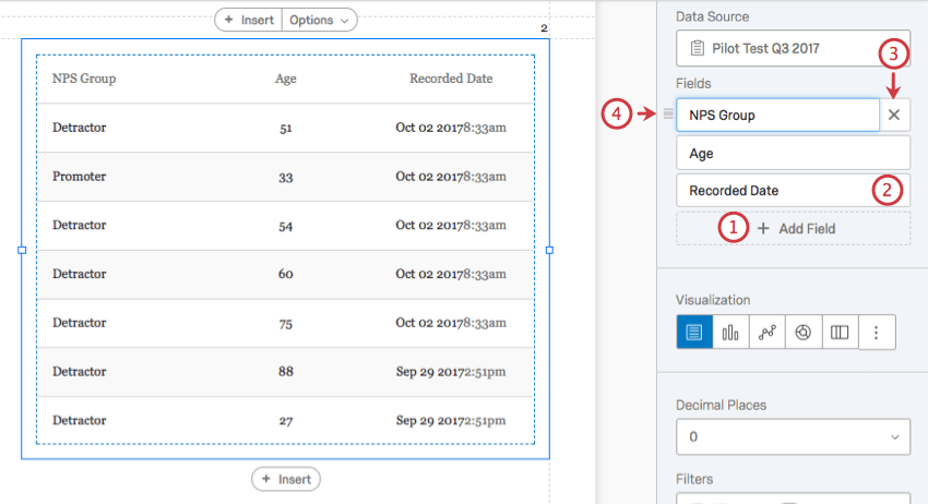 drag and drop, delete, rename, and add field options highlighted