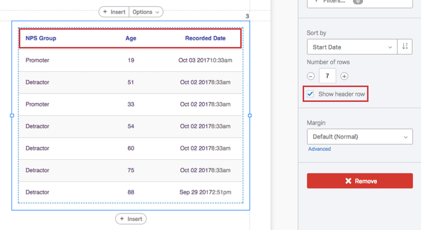 Show header row is selected