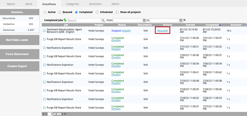 Al hacer clic en la opción Reanudar siguiente a un flujo de datos