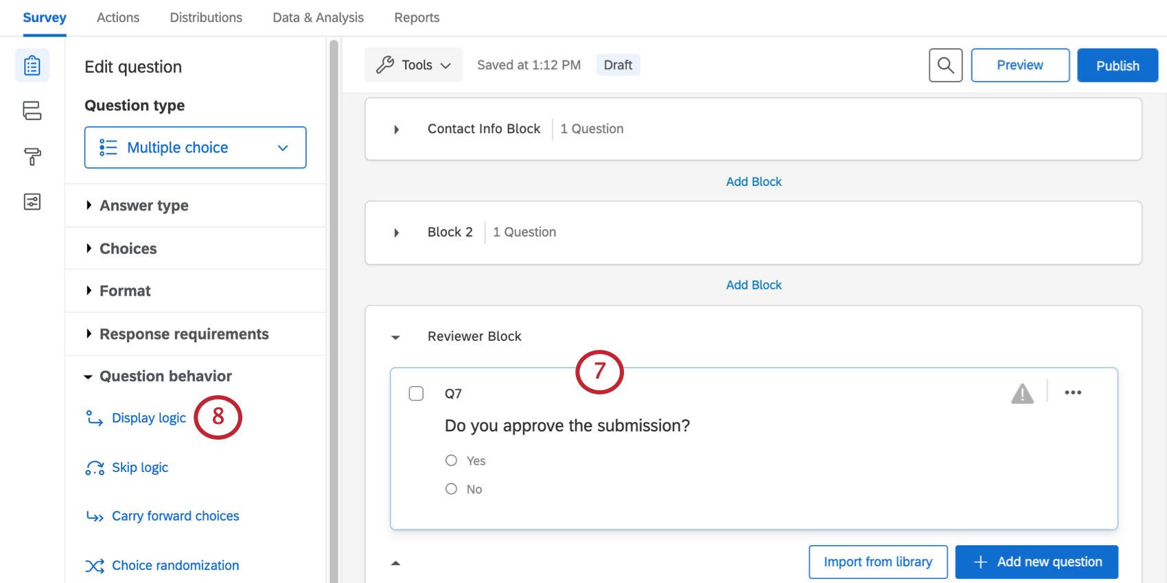 Showing display logic in the question editing page to the left
