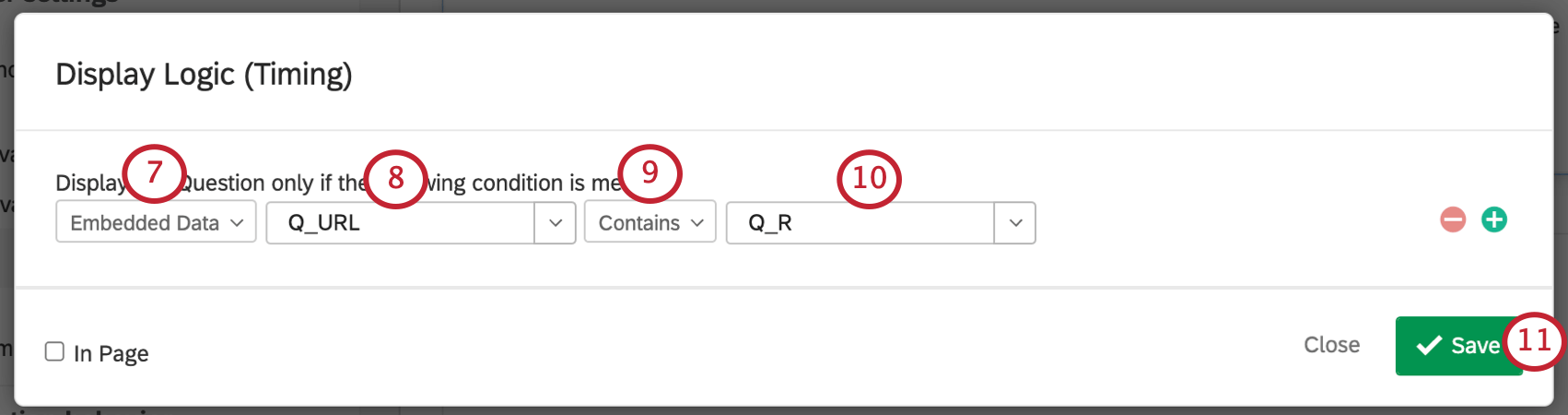 質問を表示させる埋め込みデータ要素、「Q_URLはQ_Rを含む」が表示されている